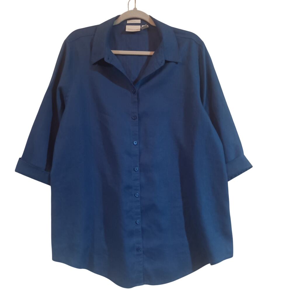 Chico's Blue Linen Button Up Shirt Beach Resort 3/4 Sleeve Turned Up Cuff SZ 3